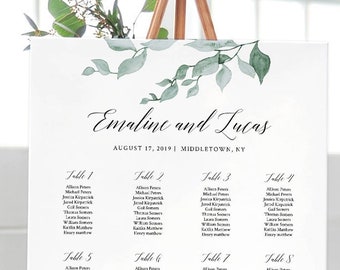 Wedding Seating Chart Template, Watercolor Greenery Seating Plan, 100% Editable, INSTANT DOWNLOAD, Delicate Leaves, 18x24 & 24x36 #019-203SC