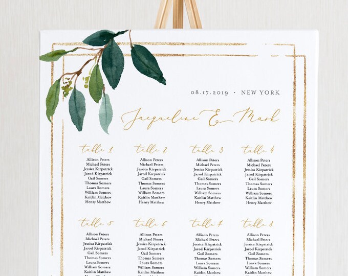 Winter Greenery Seating Chart Template, Printable Wedding Seating Sign, Instant Download, Editable, Boho, US & UK Poster Sizes #044-224SC