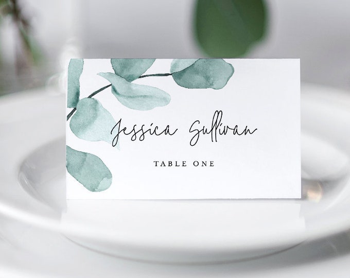 Self-Editing Place Card Template, Printable Wedding Escort, INSTANT DOWNLOAD, 100% Editable, Seating Card, Greenery Eucalyptus #049-120PC