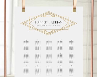 Art Deco Seating Chart Poster, Minimal Retro Modern Wedding Seating Sign, Instant Download, Editable Template, Templett #0021-285SC