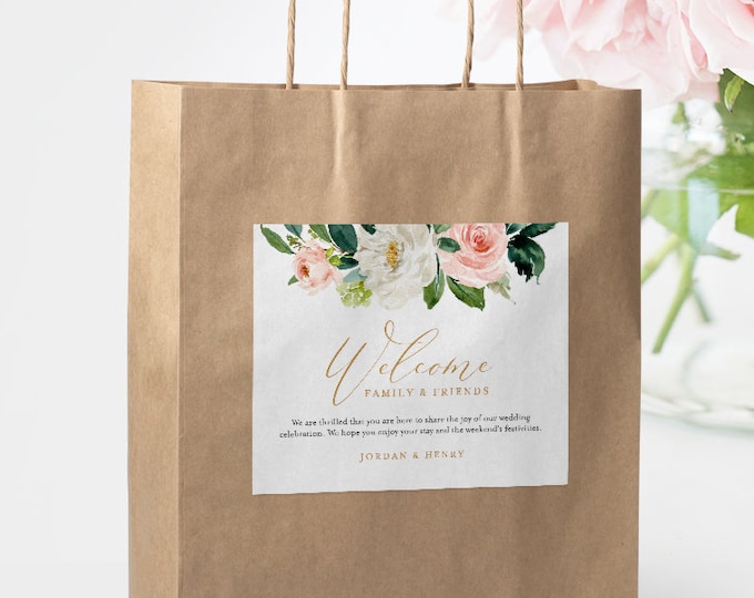 Welcome Bag Label Template, Printable Hotel Bag Sticker, Welcome Box Label, INSTANT DOWNLOAD, 100% Editable, Blush Florals, DIY #043-104WBL