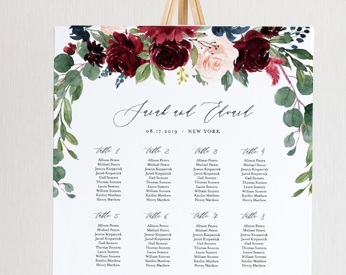 Wedding Seating Chart Template, Printable Boho Merlot & Blush Floral Seating Sign, 100% Editable Text, INSTANT DOWNLOAD #062-227SC