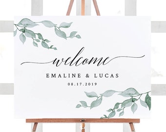Greenery Wedding Welcome Sign, Printable Poster, Self-Editing Template, INSTANT DOWNLOAD, Watercolor Laurel Leaves, 18x24 & 24x36 #019-111LS