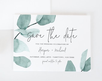 Save the Date Template, Instant Download, 100% Editable, Printable, Watercolor Greenery, Eucalyptus, Templett, DIY, 4x6 & 5x7 #049-128SD