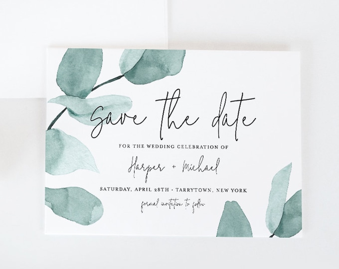 Save the Date Template, Instant Download, 100% Editable, Printable, Watercolor Greenery, Eucalyptus, Templett, DIY, 4x6 & 5x7 #049-128SD