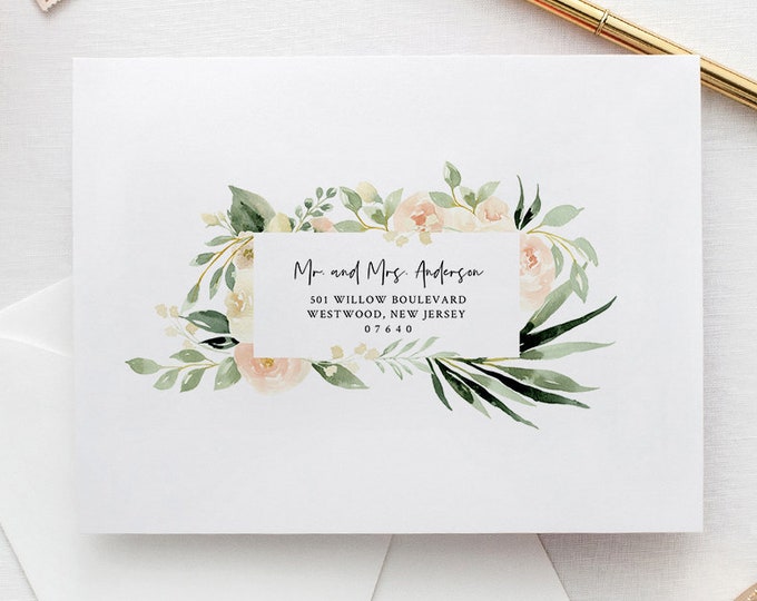 Envelope Template, Peach Floral and Greenery Wedding Address Printable, Instant Download, Editable Text, Templett, A1, A7 Sizes #076-124EN