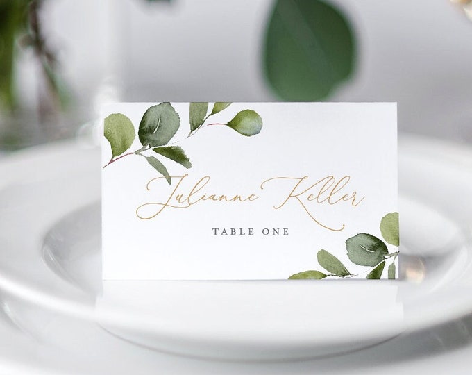 Wedding Place Card Template, Printable Buffet / Seating Card, INSTANT DOWNLOAD, 100% Editable Text, Greenery, Flat & Folded, DIY #056-121PC