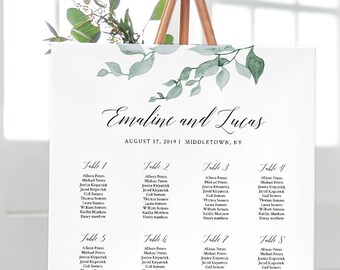 Wedding Seating Chart Template, Watercolor Greenery Seating Plan, 100% Editable, INSTANT DOWNLOAD, Delicate Leaves, 18x24 & 24x36 #019-203SC