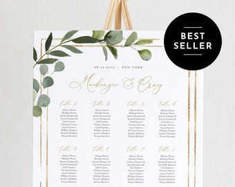 Printable Seating Chart Template, Wedding Seating Sign, Instant Download, 100% Editable Text, Greenery, US & UK Poster Sizes, DIY #056-226SC