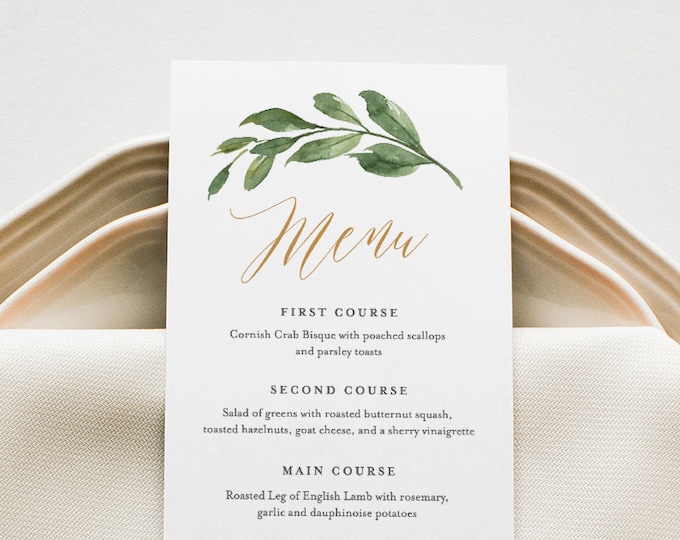 Wedding Menu Template, Greenery and Gold Wedding Menu Card, Printable DIY Menu, INSTANT DOWNLOAD, Editable Text, 5x7 & 3.5x8.5 #067-132WM