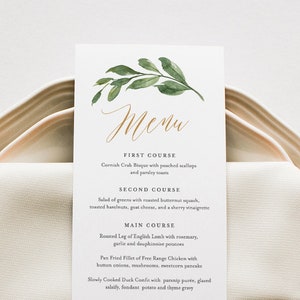 Wedding Menu Template, Greenery and Gold Wedding Menu Card, Printable DIY Menu, INSTANT DOWNLOAD, Editable Text, 5x7 & 3.5x8.5 #067-132WM