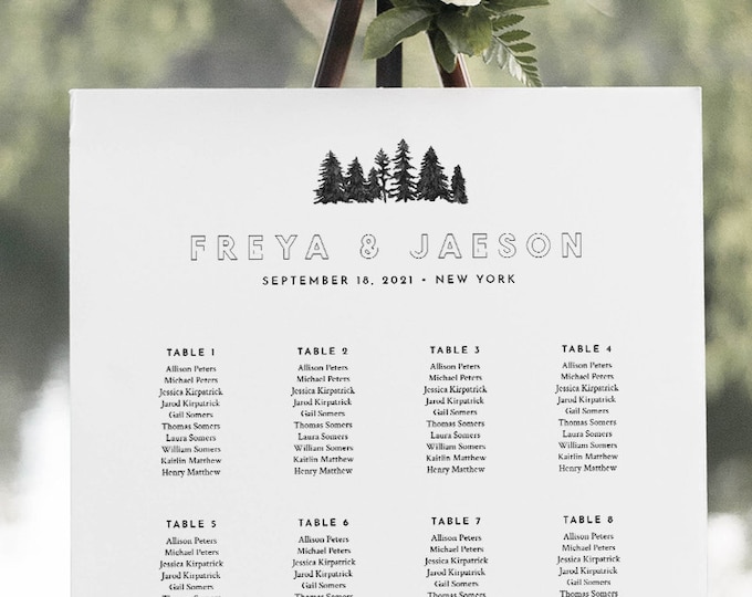 Mountain Seating Chart Poster, Printable Rustic Pine Wedding Seating Sign, Instant Download, Editable Template, Templett #0015-281SC