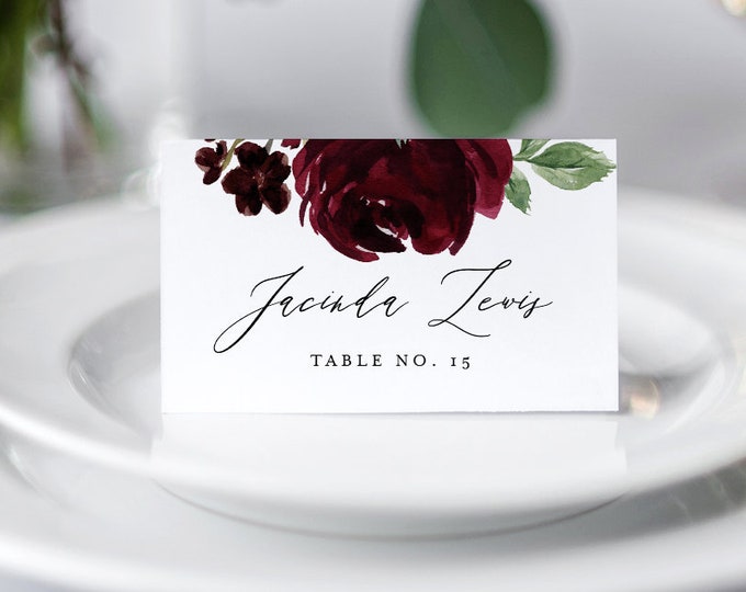 Boho Place Card Template, Printable Wedding Escort / Seating Card, Name Card, Merlot Floral, INSTANT DOWNLOAD, 100% Editable Text #062-123PC