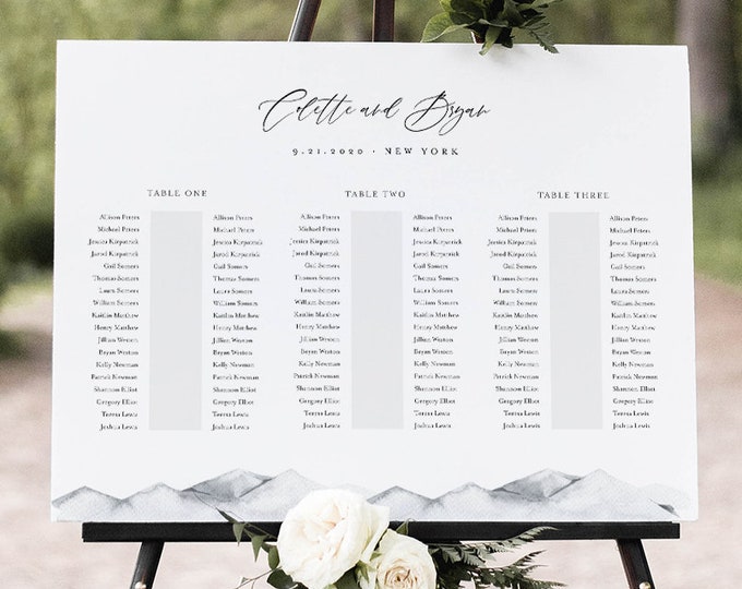 Seating Chart Template, Banquet Seating Arrangement, Watercolor Mountain, Minimalist, Wedding, Bridal Shower, Instant Download #004-247SC