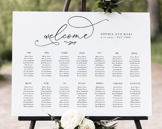 Calligraphy Seating Chart Template, Wedding Seating Sign, Alphabetical & Table Number Order, 100% Editable Text, INSTANT DOWNLOAD #092-252SC