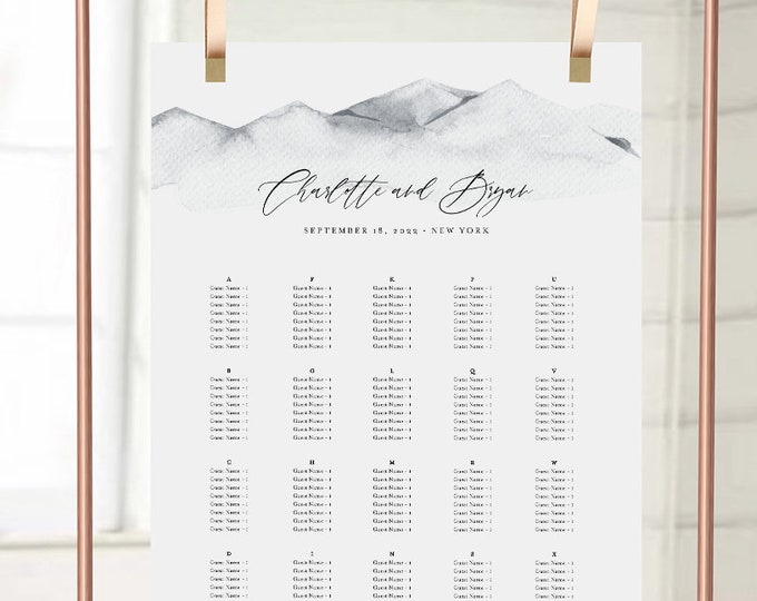 Seating Chart Template, Rustic Seating Arrangement, Watercolor Mountain, Minimalist, Wedding, Bridal Shower, Instant Download #004-286SC