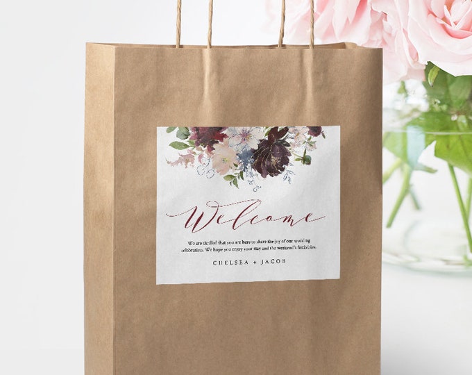 Welcome Bag Label Template, Hotel Bag Sticker, Printable Welcome Box Label, INSTANT DOWNLOAD, Boho Floral Burgundy & Gold, DIY #040-101WBL