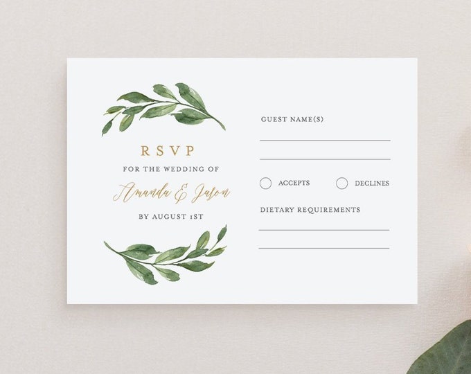 Greenery RSVP Card Template, 100% Editable Text, Printable Wedding or Bridal Shower Response Card, Instant Download, Templett, DIY #067-062