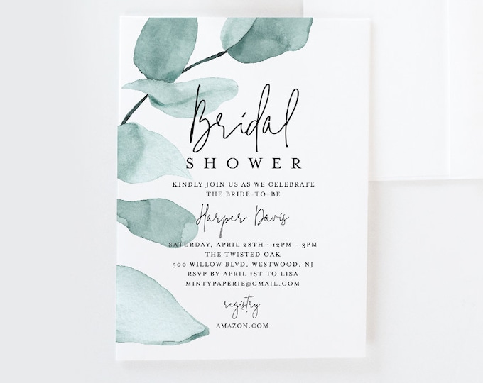 Bridal Shower Invitation Template, Delicate Eucalyptus Greenery Wedding Shower Invite, INSTANT DOWNLOAD, 100% Editable Text, DIY #049-138BS