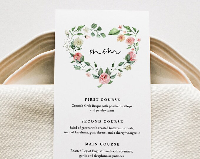 Boho Menu Template, Printable Wedding Dinner Menu Card, Floral Heart Wreath, INSTANT DOWNLOAD, 100% Editable Text, Templett, DIY #058-128WM