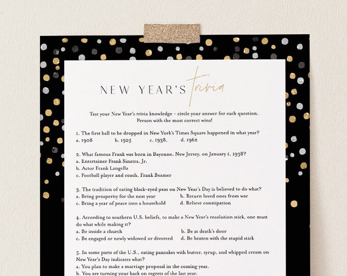 New Years Trivia Game, Printable New Years Eve Party, 2023 NYE Game, Fun Activity, Editable Template, Instant Download, Templett 5x7 #103NYG