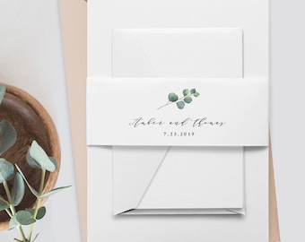 Eucalyptus Belly Band Template, Instant Download, Printable Monogram Belly Band, 100% Editable Text, Wedding Invitation Wrapper #036-109BB