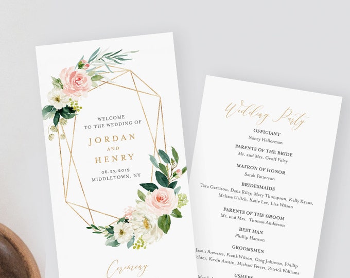 Wedding Program Template,  Instant Download, Printable Order of Service, 100% Editable Text, Floral Geometric Gold Frame, DIY #043-212WP