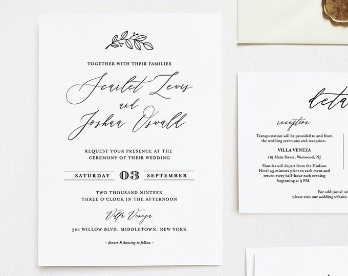 Self-Editing Wedding Invitation Set, INSTANT DOWNLOAD, 100% Editable Template, Printable Romantic Invite, RSVP & Detail, Templett #052A