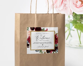 Welcome Bag Label Template, Printable Wedding Bag Sticker, Welcome Box Label, INSTANT DOWNLOAD, Editable Text, Boho Florals, DIY #062-108WBL