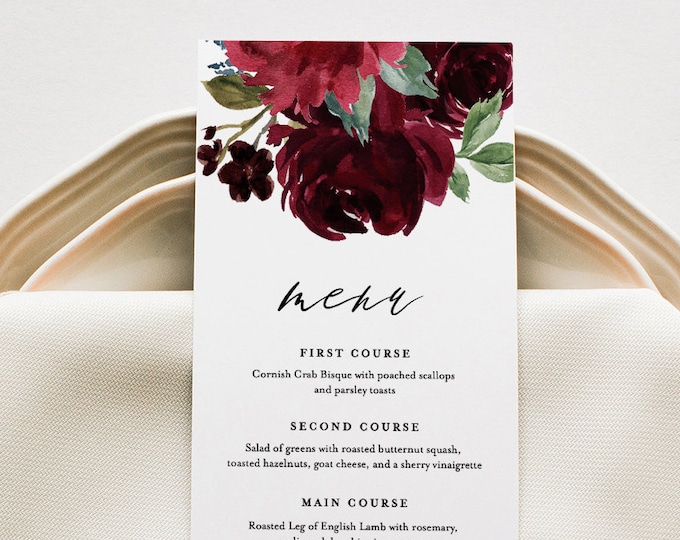 Wedding Menu Template, Boho Floral Wedding Menu Card, Printable DIY Dinner Menu, INSTANT DOWNLOAD, Editable Text, 5x7 & 3.5x8.5 #062-131WM