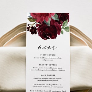 Wedding Menu Template, Boho Floral Wedding Menu Card, Printable DIY Dinner Menu, INSTANT DOWNLOAD, Editable Text, 5x7 & 3.5x8.5 #062-131WM