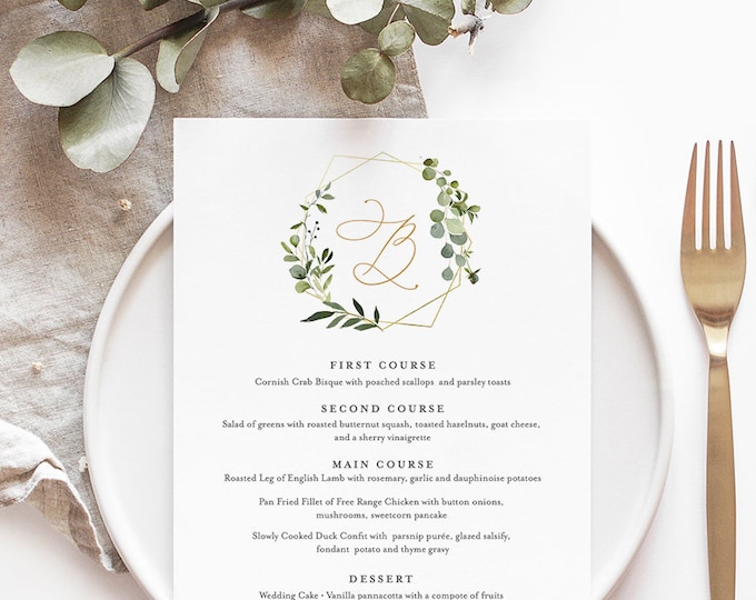 Wedding Menu Template, INSTANT DOWNLOAD, 100% Editable Text, Printable Dinner Menu Card, Wedding Greenery Monogram, Templett, DIY #056-127WM