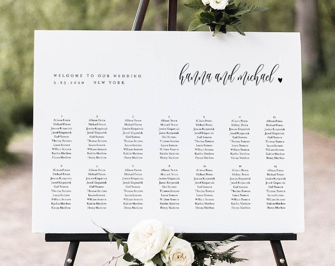 Seating Chart Template, Modern Calligraphy Wedding Seating Sign, Alphabetical & Table Order, 100% Editable, INSTANT DOWNLOAD #008-266SC