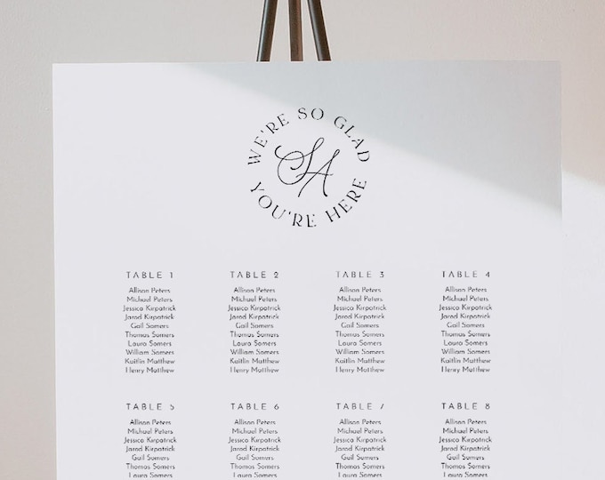 Modern Seating Chart Poster, Minimal Monogram Wedding Seating Sign, We're So Glad You're Here, Editable Template, Templett #013-264SC