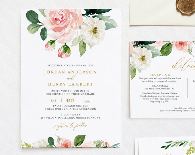 Editable Wedding Invitation Template, Printable Invite, RSVP, Details, Blush Boho Florals, Greenery and Gold, INSTANT DOWNLOAD, DiY #043D