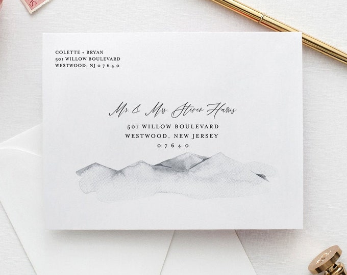 Mountain Envelope Template, Rustic Watercolor Wedding Address Printable, Instant Download, Editable Text, Templett, A1, A7 Sizes #004-122EN