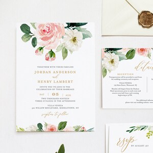 Bearbeitbare Hochzeitseinladungsvorlage, druckbare Einladung, RSVP, Details, Blush Boho Florals, Grün und Gold, INSTANT DOWNLOAD, DiY #043D