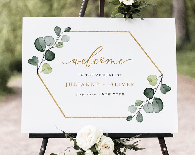 Greenery Welcome Sign Template, Printable Wedding or Bridal Shower Sign, Instant Download, Editable, Elegant Modern, Templett #007-194LS