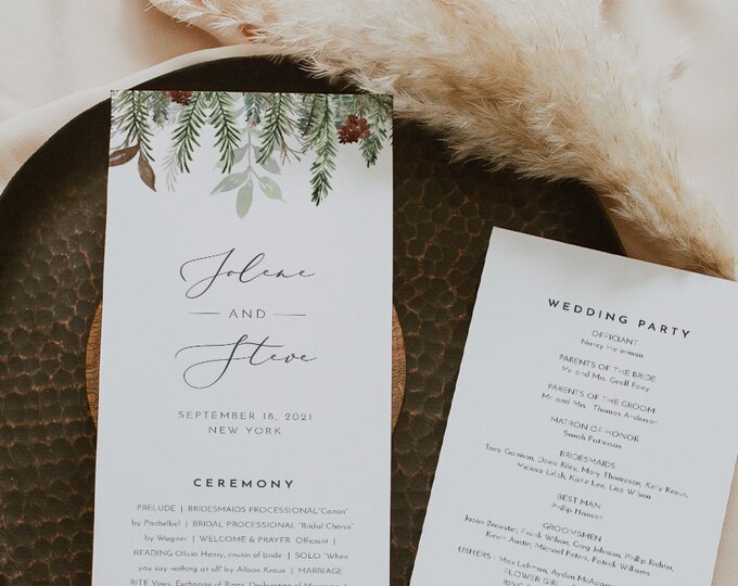 Winter Pine Wedding Program Template, Printable Evergreen Order of Service, Instant Download, 100% Editable Text, Templett #0017-259WP