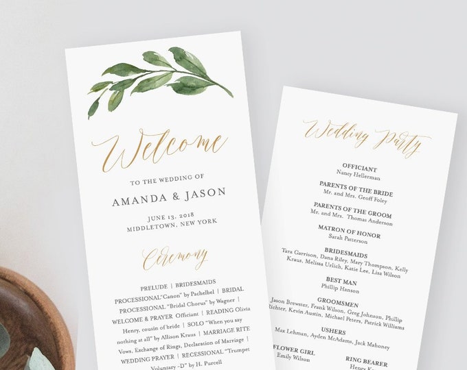 Wedding Program Template, Flat Greenery Order of Service, Printable Ceremony, Instant Download, 100% Editable Text, Templett, DIY #067-217WP