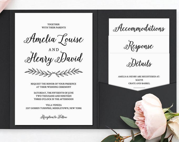 Wedding Invitation Set, Pocket Fold, Printable Calligraphy Invite & Enclosure Cards, Instant Download, 100% Editable Template, Templett #012