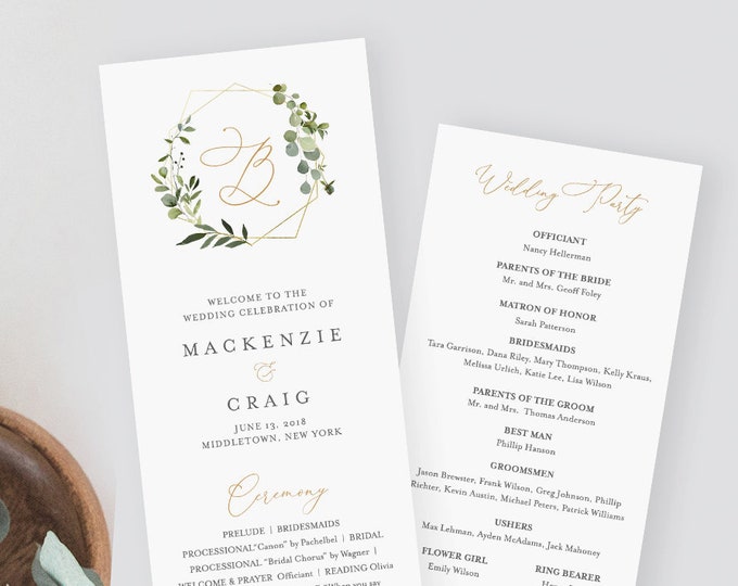 Printable Wedding Program Template, Instant Download, Order of Service, 100% Editable Text, Greenery Wreath, Monogram, Templett #056-214WP