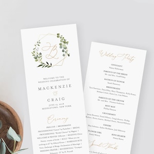 Puede incluir: Programa de ceremonia de boda con un marco geométrico dorado y follaje de eucalipto. El programa incluye los nombres Mackenzie y Craig, la fecha 13 de junio de 2018 y la ubicación Middletown, Nueva York. El programa también incluye el orden de la ceremonia y una lista de los invitados a la boda.
