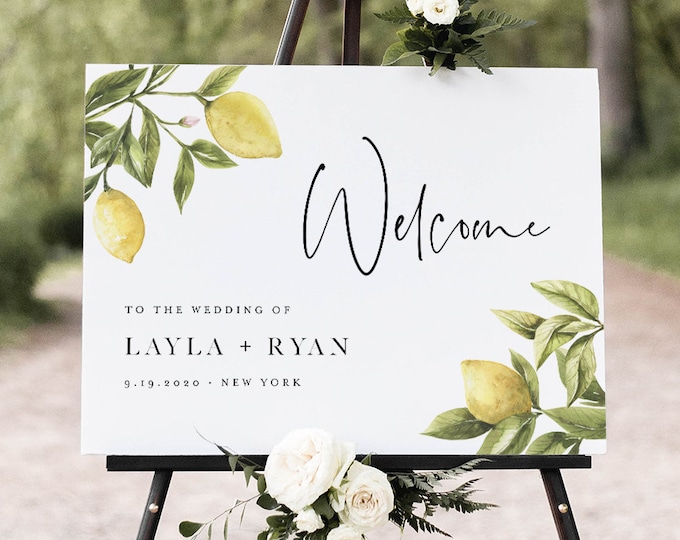 Lemon Welcome Sign, Printable Summer Citrus Wedding or Bridal Shower Sign, Instant Download, Editable Template, Templett #089-197LS