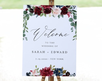 Merlot Floral Welcome Sign Template, Bridal Shower, Instant Download, 100% Editable Text, Printable Wedding Poster Sign, Templett #062-178LS