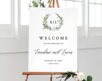 Wedding Welcome Sign Printable, Greenery Watercolor Wreath, Monogram, 100% Editable Template, INSTANT DOWNLOAD, 18x24 & 24x36 #016-112LS