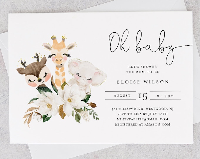 Cute Animals Baby Shower Invitation Template, Baby Jungle Animals, Gender Neutral, Editable Text, Instant Download, Templett #0008B-200BA