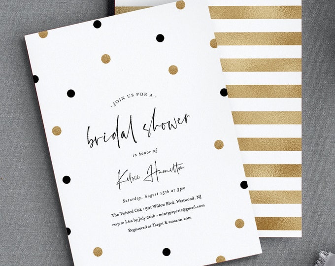 Bridal Shower Invitation Template, Black and Gold Polka Dots, Editable Couples Shower Invite, Printable Wedding, INSTANT DOWNLOAD #165BS