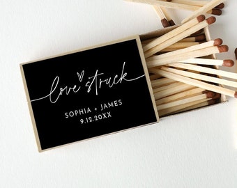 Matchbox Label, Love Struck, Customized Wedding Favor Matches, Minimalist Black Sticker, Editable Template, Instant Download #0032-103MBL
