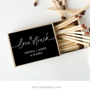 Label luciferdoosje, liefde geslagen, aangepaste bedankje-lucifers, minimalistische zwarte sticker, bewerkbare sjabloon, instant download #0032-103MBL